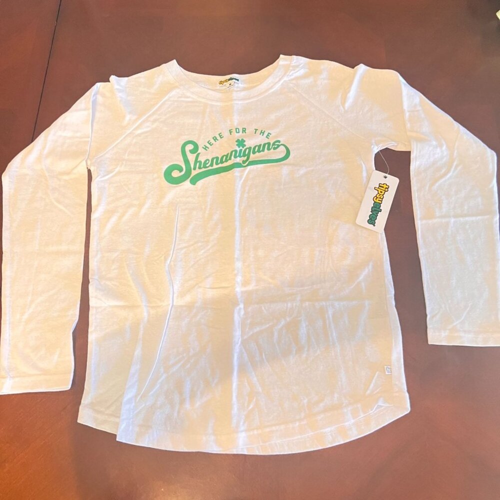 st patrick Tipsy Elves White Long Sleeve‎ Shirt Here For The Shenanigans womens